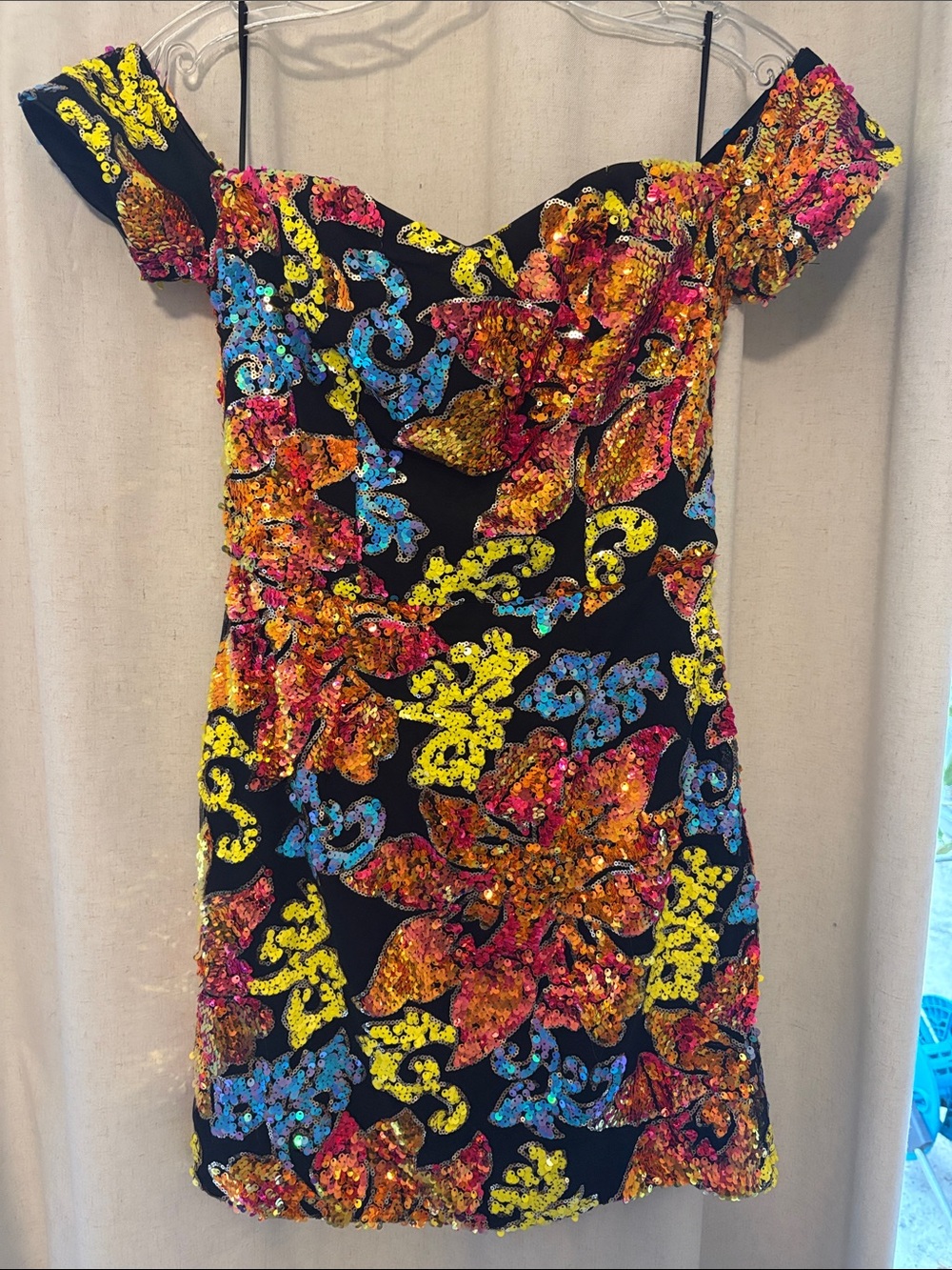 Dress the Population Black Off-Shoulder Mini Dress with Multicolor Sequins